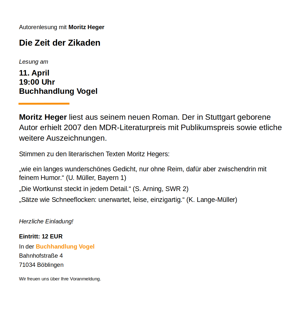 Lesung Buchhandlung Vogel